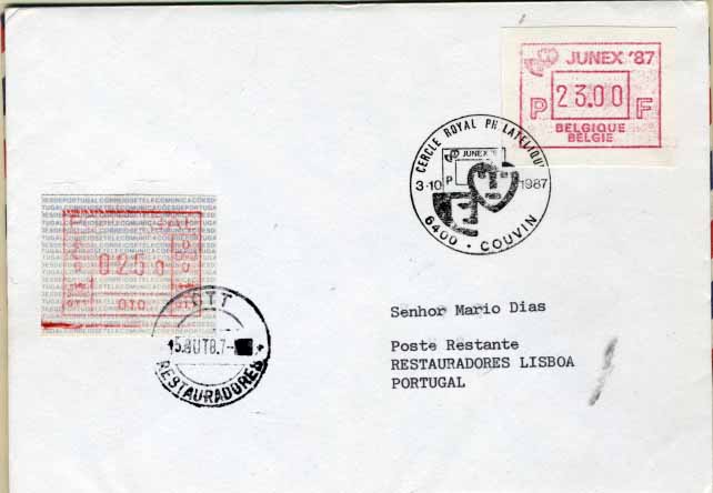 2285.jpg -     Lote:    2285      Lotes pelo Correio       Portugal       Descrição:         1981 &mdash; Correios e Telecomunicações de Portugal. Máquina FRAMA. CE ETQ1. Lote de duas cartas: uma circulada da Bélgica (03.10.87) para a Posta Restante dos Restauradores em Lisboa, com serviço pago por etiqueta de 025.0 da máquina 10 + carta circulada de Lisboa (15.07.87) para a Holanda com etiqueta de 187.0 da máquina 010.         Carta       Valor Base:     &euro; 10,00     Valor Venda:     Retirado     