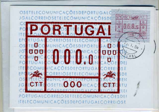 2286.jpg -     Lote:    2286      Lotes pelo Correio       Portugal       Descrição:         1981 &mdash; Correios e Telecomunicações de Portugal. Máquina FRAMA. CE ETQ1. Lote composto por 3 Postais Máximos + 2 cartas, com etiquetas da máquina 009 &mdash; Funchal, obliterados com a marca de dia do Funchal (15.01.86 &mdash; 1.º dia de circulação).        Lote       Valor Base:     &euro; 15,00     Valor Venda:     Retirado     
