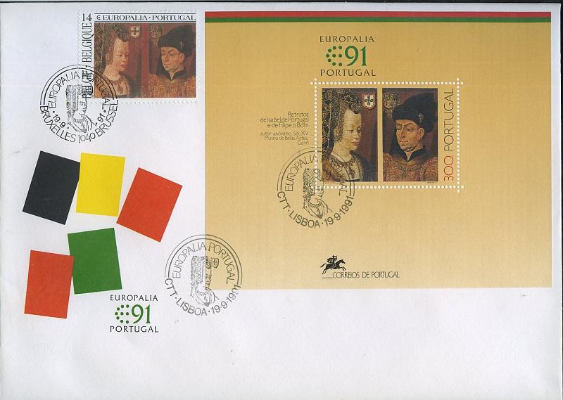 2292.jpg -     Lote:    2292      Lotes pelo Correio       Portugal       Descrição:         1991 &mdash; Europália. CE FDC/BLC123. Sobrescrito FDBC COMBO com o bloco e selo belga com o mesmo tema, obliterados com os respectivos carimbos comemorativos de Lisboa e Bruxelas. Tiragem 10.000.        FDC/BLC       Valor Base:     &euro; 5,00     Valor Venda:     &euro; 8,00     