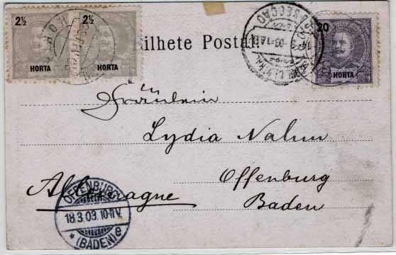 2294.jpg -     Lote:    2294      Lotes pelo Correio       Horta       Descrição:         1897 &mdash; D. Carlos I. Postal ilustrado circulado da Horta (28.02.03) para a Alemanha (18.03.03) com selos de 2 &frac12; (par) e 20 reis CE13 e 17.        PI       Valor Base:     &euro; 10,00     Valor Venda:     Retirado     