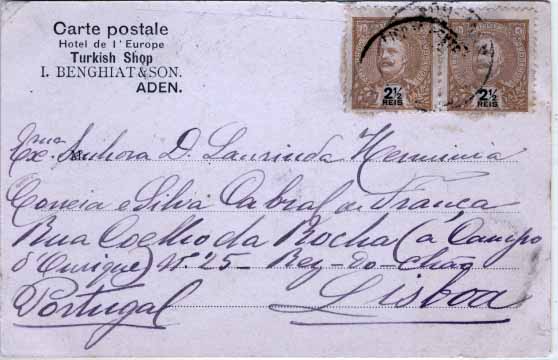 2302.jpg -     Lote:    2302      Lotes pelo Correio       Índia Portuguesa       Descrição:         1903 &mdash; D. Carlos I tipo Mouchon. Postal ilustrado com vista de Adem, circulado da índia (06.01.1907) para Lisboa, com  par de selos de 2 &frac12; reis castanho amarelo CE188.        PI       Valor Base:     &euro; 8,00     Valor Venda:     Retirado     