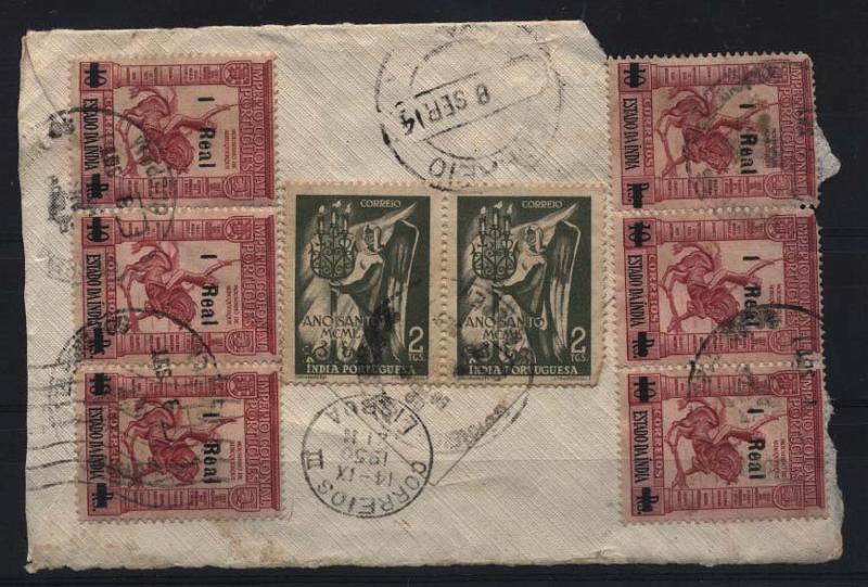 2304.jpg -     Lote:    2304      Lotes pelo Correio       Índia Portuguesa       Descrição:         1950/51 &mdash; Império Colonial Português, com sobretaxa + Ano Santo. Grande fragmento, verso de carta circulada de Nova Goa (08.09.50) para Lisboa (14.09.50) com 2 duas tiras de 3 selos de 1 real s/ 10 reis CE399 + par de 2 Tangas CE406.        FRG       Valor Base:     &euro; 3,00     Valor Venda:     &euro; 10,00     