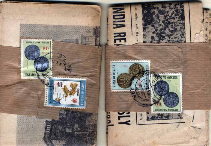 2305.jpg -     Lote:    2305      Lotes pelo Correio       Índia Portuguesa       Descrição:         1959 &mdash; Carta Geográfica da Índia, com sobretaxa + Moedas. Lote de dois jornais com cintas circuladas de Goa para Roma : um com selos CE511 e 515 e outro com selos CE485 e 511.        JRN       Valor Base:     &euro; 8,00     Valor Venda:     &euro; 8,00     