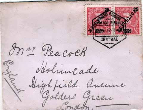 2314.jpg -     Lote:    2314      Lotes pelo Correio       Lourenço Marques       Descrição:         1903 &mdash; D. Carlos I tipo Mouchon, com sobrecarga REPUBLICA da Casa da Moeda. Sobrescrito circulado de L. Marques (01.04.12) para Londres (27.04.12) com par de selos de 25 reis carmim CE37. MB.        Carta       Valor Base:     &euro; 8,00     Valor Venda:     Retirado     