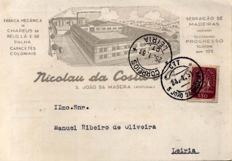 2319.jpg -     Lote:    2319      Lotes pelo Correio              Descrição:         Cartas publicitárias. Fábrica de chapéus + serralharia. Postal ilustrado de Nicolau da Costa & C.ª, circulado com selo tipo Caravela de $50 (24.01.51).        PI       Valor Base:     &euro; 6,00     Valor Venda:     &euro; 6,00     