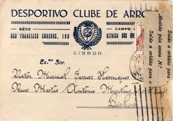 2321.jpg -     Lote:    2321      Lotes pelo Correio              Descrição:         Cartas publicitárias. Desportivo Clube de Arroios. Postal ilustrado, circulado com selo de $30 &mdash; Costumes Portugueses (2.ª emissão).        PI       Valor Base:     &euro; 4,00     Valor Venda:     Retirado     