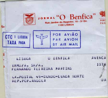 2329.jpg -     Lote:    2329      Lotes pelo Correio              Descrição:         1985 &mdash; Cinta do Jornal "O Benfica", com taxa paga (PORTE PAGO), circulada de Lisboa para Angola. B e R.        CNT       Valor Base:     &euro; 7,00     Valor Venda:     &euro; 7,00     
