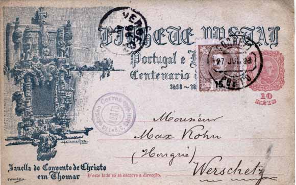 2340.jpg -     Lote:    2340      Lotes pelo Correio       Portugal       Descrição:         1898 &mdash; 4.º Centenário do Descobrimento do Caminho Marítimo para a Índia. OM29E, 10 reis rosa carmim, circulado do Porto (27.07.98) para a Hungria (01.08.1898) com selo adicional de 15 reis castanho tipo D. Carlos I Mouchon, CE129.        IC       Valor Base:     &euro; 10,00     Valor Venda:     Retirado     