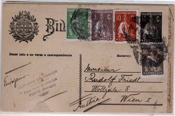 2351.jpg -     Lote:    2351      Lotes pelo Correio       Portugal       Descrição:         1923 &mdash; Ceres. OM73, 15C preto sobre cartolina camurça. Lote de 2 inteiros circulados: um com selos adicionais de 1, 4, 10 e 30C, CE221, 226, 215 e 242 e outro com selos adicionais de 5C (2), CE252. Lote a ver.        IC       Valor Base:     &euro; 8,00     Valor Venda:     Retirado     