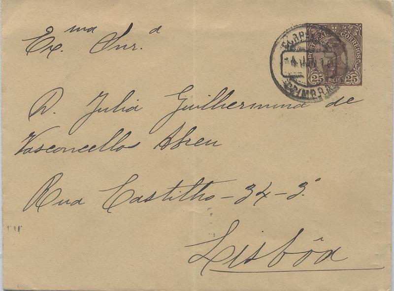 2357.jpg -     Lote:    2357      Lotes pelo Correio       Portugal       Descrição:         1910 &mdash; D. Manuel II. Sobrescritos. OM7, 25 reis castanho, circulado de Coimbra (04.01.10 &mdash; 4.º dia de circulação) para Lisboa (05.01.1910).        IC       Valor Base:     &euro; 15,00     Valor Venda:     &euro; 15,00     