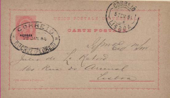 2374.jpg -     Lote:    2374      Lotes pelo Correio       Açores       Descrição:         1884/87 &mdash; D. Luís I, de frente. Inteiros do Continente com sobrecarga Açores. OM15, 20 reis rosa, circulado de Santa Cruz das Flores (carimbo de dupla oval), para Lisboa (05.02.84).        IC       Valor Base:     &euro; 6,00     Valor Venda:     &euro; 6,00     