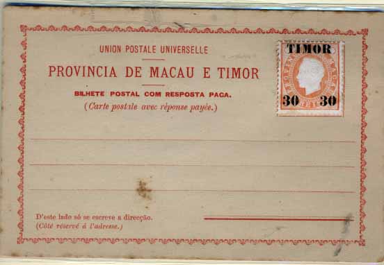 2377.jpg -     Lote:    2377      Lotes pelo Correio       Timor       Descrição:         1892 &mdash; Bilhetes postais de resposta paga sem selo impresso, vendidos com selos colados de D. Luís I com sobrecarga TIMOR e sobretaxa. OM I &mdash; 30+30 s/ 300 + 300 reis, gravura laranja.        IN       Valor Base:     &euro; 10,00     Valor Venda:     Retirado     