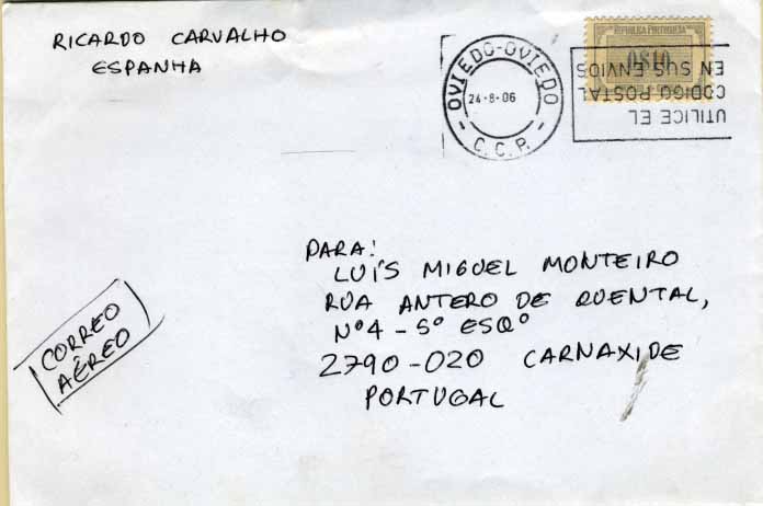 2382.jpg -     Lote:    2382      Lotes pelo Correio              Descrição:         Porteado. 1932/33 &mdash; Tipo Etiqueta. Sobrescrito circulado de Oviedo (24.08.06) para Portugal, com selo de 0$10 azul-cinzento CE46, como selo de correio normal de Espanha.        Carta       Valor Base:     &euro; 3,00     Valor Venda:     Retirado     