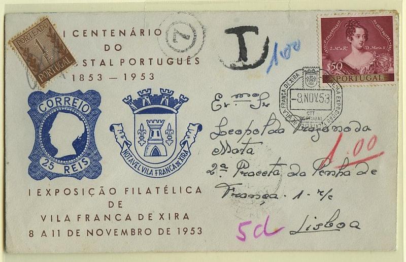 2385.jpg -     Lote:    2385      Lotes pelo Correio              Descrição:         Porteado. 1940 &mdash; "Algarismo ladeado por ramos". Sobrescrito comemorativo da 1.ª Exposição Filatélica de Vila Franca de Xira, circulado de Vila Franca de Xira (08.11.53) para Lisboa (09.11.53), com selo CE786. Insuficientemente franquiada foi porteada com selo de 1$00 CE POR62.        Carta       Valor Base:     &euro; 5,00     Valor Venda:     Retirado     