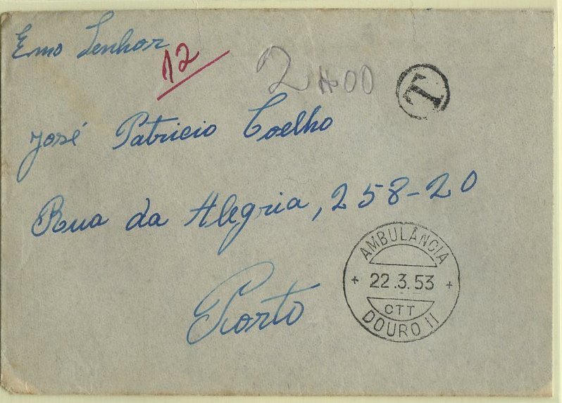 2386.jpg -     Lote:    2386      Lotes pelo Correio              Descrição:         Porteados. 1940 &mdash; Algarismo ladeado por ramos. Sobrescrito circulado pela Ambulância Douro II (22.03.53) para o Porto, sem franquia. Foi porteada com o dobro do porte em falta com selo de 2E lilás escuro CE POR63.        Carta       Valor Base:     &euro; 5,00     Valor Venda:     &euro; 5,00     