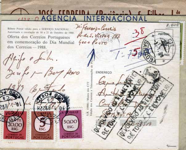 2388.jpg -     Lote:    2388      Lotes pelo Correio              Descrição:         Porteado. 1967/84 &mdash; Legenda "A Cobrar". Lote de 4 cartas circuladas com insuficiência de franquia e porteadas com diversos selos da emissão. Interessante lote a ver.        Lote       Valor Base:     &euro; 6,00     Valor Venda:     &euro; 6,00     