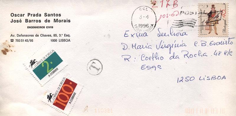 2390.jpg -     Lote:    2390      Lotes pelo Correio              Descrição:         Porteados. 1992/93 &mdash; Legenda "Correios de Portugal". Sobrescrito circulado com insuficiência de franquia e porteado com selos de 2$00 e 100$00 CE POR83 e 89.        Carta       Valor Base:     &euro; 2,00     Valor Venda:     Retirado     