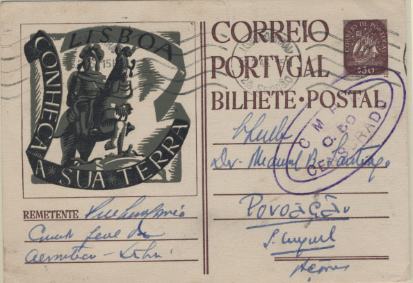 2394.jpg -     Lote:    2394      Lotes pelo Correio       Portugal       Descrição:         1944 &mdash; Conheça a Sua Terra. Selo tipo Caravela. OM104, $30 castanho (R &mdash; LISBOA), circulado de Lisboa (23.02.45) para Povoação / S. Miguel (15.03.45).        IC       Valor Base:     &euro; 10,00     Valor Venda:     Retirado     
