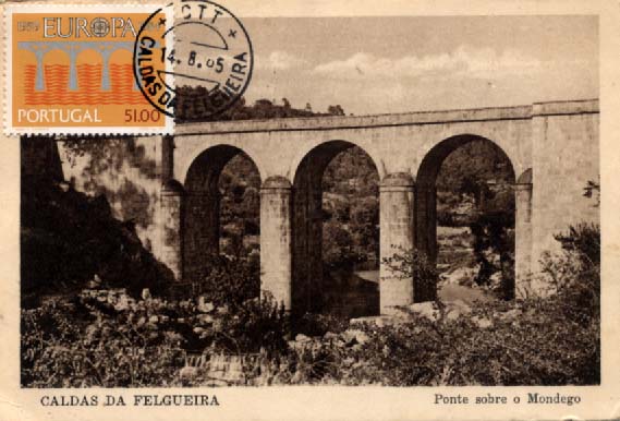 2417.jpg -     Lote:    2417      Lotes pelo Correio              Descrição:         1984 &mdash; Europa CEPT. Postal ilustrado da Ponte sobre o Mondego em Caldas da Felgueira, concordante com selo de 51$00 CE1656, obliterados com marca de dia de Caldas da Felgueira (14.08.85).        PM       Valor Base:     &euro; 5,00     Valor Venda:     &euro; 11,00     