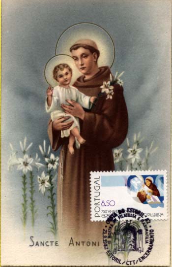 2422.jpg -     Lote:    2422      Lotes pelo Correio              Descrição:         1981 &mdash; 750.º Aniversário da Morte de Santo António de Lisboa. Postal ilustrado concordante com selo de 8$50, CE1523, obliterados com carimbo comemorativo da III Mostra de Filatelia e Maximafilia * Estoril (21.03.82).        PM       Valor Base:     &euro; 5,00     Valor Venda:     &euro; 11,00     