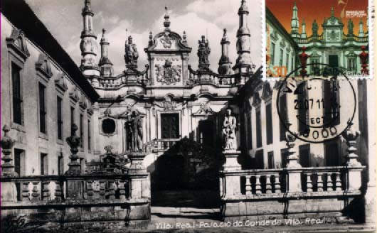 2423.jpg -     Lote:    2423      Lotes pelo Correio              Descrição:         2007 &mdash; 7 Maravilhas de Portugal * Palácio do Conde de Vila Real (Palácio Mateus). Postal ilustrado concordante com selo de &euro; 0,30 CE3575, obliterados com marca de dia de Vila Real (14.11.2007).        PM       Valor Base:     &euro; 5,00     Valor Venda:     &euro; 5,00     