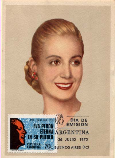 2448.jpg -     Lote:    2448      Lotes pelo Correio              Descrição:      Argentina.   Eva Peron * Eterna en su pueblo. Postal ilustrado concordante com selo de 70c obliterados com carimbo de 1.º dia de circulação da emissão.        PM       Valor Base:     &euro; 5,00     Valor Venda:     Retirado     