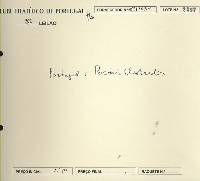 2497.jpg -     Lote:    2497      Lotes pelo Correio              Descrição:      Portugal.   Lote de 67 postais ilustrado, a grande maioria, fotográficos e da região de Lisboa. Lote a ver.        Lote       Valor Base:     &euro; 15,00     Valor Venda:     &euro; 15,00     