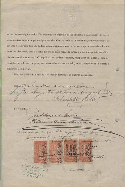 2516.jpg -     Lote:    2516      Lotes pelo Correio              Descrição:         Fiscais. Portugal. Termo de Pagamento em papel com STO de 80 reis, oval, azul com estampilha fiscal de 1902 de 2(4), 15, 20, 50 e 200 reis PB262, 265/66, 271 e 279 + Contrato de Arrendamento de 1915 em papel STO de 10C circular preto com IS e CI. Lote a ver.        DOC       Valor Base:     &euro; 8,00     Valor Venda:     Retirado     