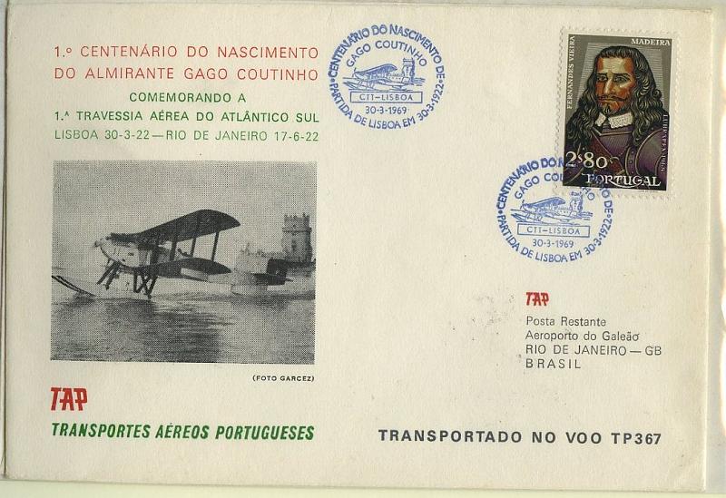 2548.jpg -     Lote:    2548      Lotes pelo Correio              Descrição:         1969 &mdash; Centenário do Nascimento de Gago Coutinho, comemorando a 1.ª travessia aérea do Atlântico Sul (Lisboa 30.03.22 &mdash; Rio de Janeiro 17.06.22). Sobrescrito circulado por via aérea pelo Voo TAP367 de Lisboa (30.03.69) para o Rio de Janeiro (01.04.69) com selo CE1034, obliterado com carimbo comemorativo alusivo ao invento + sobrescrito comemorativo no sentido inverso pelo Voo TAP376 do Rio (17.06.69) para Lisboa (18.06.69).        Aéreo       Valor Base:     &euro; 5,00     Valor Venda:     &euro; 9,00     