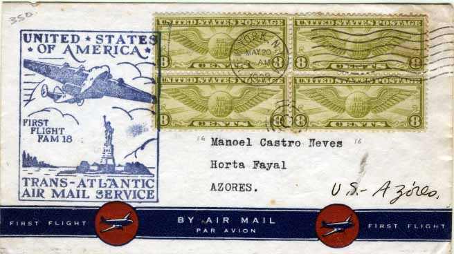 2550.jpg -     Lote:    2550      Lotes pelo Correio              Descrição:         1939 - 1.º Voo FAM18 * Nova York &mdash; Horta. Sobrescrito circulado de Nova York (20.05.39) para a Horta (21.05.39) com quadra de 8c. Marca alusiva ao evento batida a azul.        Aéreo       Valor Base:     &euro; 6,00     Valor Venda:     Retirado     