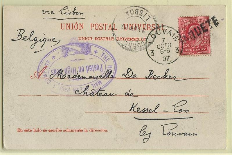 2551.jpg -     Lote:    2551      Lotes pelo Correio              Descrição:         Marcas do correio marítimo. Postal lançado a bordo de paquete da Royal Mail Steam Packet Company, com selo inglês de 1p, com destino a Louvain. Entregue nos correios portugueses, tenso levada a marca de denominação de origem "PAQUETE". B.        PI       Valor Base:     &euro; 5,00     Valor Venda:     Retirado     