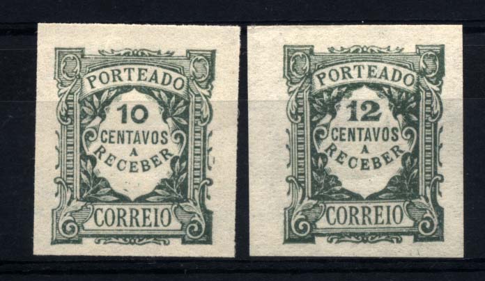 2572.jpg -     Lote:    2572      Lotes pelo Correio       Portugal       Descrição:         1922/27 &mdash; Porteado. Emissão regular, tipo de 1904. Unicolor. Lote de duas provas em verde oliva (cor aprovada), não denteadas, em papel liso fino, das taxas de 10 e 12C. CE31/32.        PRV       Valor Base:     &euro; 10,00     Valor Venda:     Retirado     