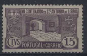 2581.jpg -     Lote:    2581      Lotes pelo Correio       Portugal       Descrição:         1931 &mdash; 7.º Centenário da Morte de S. António. CE531, 15C lilás vermelho. Selo com erro CORRFIO. Valor de catálogo &euro; 37,40.        ***       Valor Base:     &euro; 8,00     Valor Venda:     &euro; 9,00     