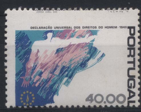 2586.jpg -     Lote:    2586      Lotes pelo Correio       Portugal       Descrição:         1978 &mdash; 30.º Aniversário da Declaração Universal dos Direitos do Homem. CE1410, 40$00. Selo com deslocamento acentuado do denteado.        ***       Valor Base:     &euro; 5,00     Valor Venda:     &euro; 5,00     