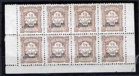 2596.jpg -     Lote:    2596      Lotes pelo Correio       Açores       Descrição:         1918 &mdash; Porteado. Emissão regular, tipo 1904. Valor em centavos. Selos do Continente com sobrecarga "AÇORES". CE POR15, castanho claro. Bloco de 8 selo, fundo de folha, com dupla sobrecarga.        ***/**       Valor Base:     &euro; 6,00     Valor Venda:     Retirado     