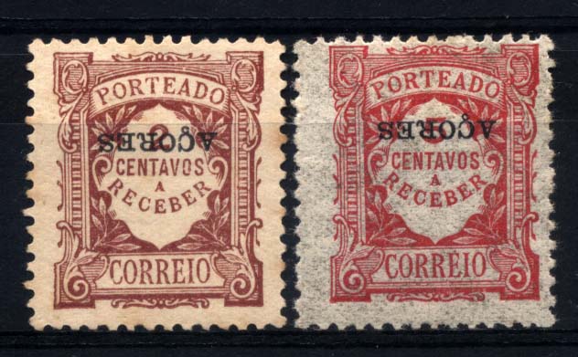 2597.jpg -     Lote:    2597      Lotes pelo Correio       Açores       Descrição:         1918 &mdash; Porteado. Emissão Regular. Valor em centavos. Selos do Continente com sobrecarga AÇORES. CE POR17 e 20, 2 e 5C, ambos com a sobrecarga invertida.        **       Valor Base:     &euro; 4,00     Valor Venda:     Retirado     
