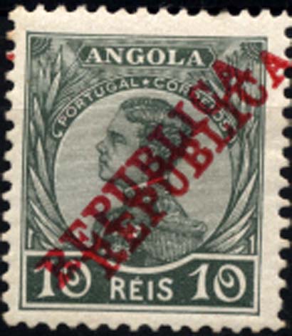 2601.jpg -     Lote:    2601      Lotes pelo Correio       Angola       Descrição:         1912 &mdash; D. Manuel II com sobrecarga REPUBLICA da Casa da Moeda. CE105, 10 reis verde oliva. Selo com dupla sobrecarga e com adelgaçamento.        **       Valor Base:     &euro; 5,00     Valor Venda:     &euro; 5,00     