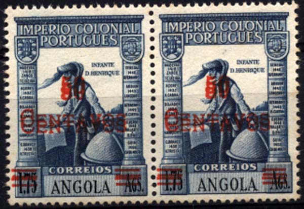 2607.jpg -     Lote:    2607      Lotes pelo Correio       Angola       Descrição:         1945/46 &mdash; Império Colonial Português com sobretaxa. CE287, 50 c s/ 1$75 azul com dupla sobretaxa. Par horizontal. Selos com vestígios de óxido no verso.        ***       Valor Base:     &euro; 5,00     Valor Venda:     &euro; 11,00     
