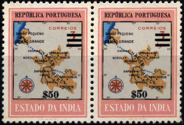 2609.jpg -     Lote:    2609      Lotes pelo Correio       Índia Portuguesa       Descrição:         1959 &mdash; Carta Geográfica da Índia, com sobretaxa. CE484, $50 s/ 3 Tgs. Par horizontal. Um dos selos com "5" bandeira diferente.        *       Valor Base:     &euro; 3,00     Valor Venda:     &euro; 8,00     