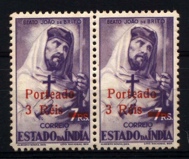 2610.jpg -     Lote:    2610      Lotes pelo Correio       Índia Portuguesa       Descrição:         1951 &mdash; Porteado. Motivos Históricos, com sobretaxa. CE POR44, 3r s/ 7rs violeta. Par horizontal. Um dos selos com o número "3" diferente. Ligeiras manchas no verso. Não catalogado.        ***       Valor Base:     &euro; 4,00     Valor Venda:     &euro; 4,00     