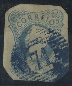 2618.jpg -     Lote:    2618      Lotes pelo Correio       Portugal       Descrição:         1853 &mdash; D. Maria II, tipo I. CE2, 25 reis azul. Selo com boas margens, arredondadas nos cantos, obliterado com carimbo numérico, batido a azul, 71 &mdash; Peso da Régua.        O       Valor Base:     &euro; 5,00     Valor Venda:     Retirado     