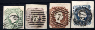 2621.jpg -     Lote:    2621      Lotes pelo Correio       Portugal       Descrição:         1855/58 &mdash; D. Pedro V, cabelos lisos + D. Pedro V, cabelos anelados. Lote de 4 selos: CE8, 50 reis verde com margens curtas; CE9, 100 reis lilás com duas margens normais e duas curtas; CE10, 5 reis castanho amarelo, com duas margens largas e duas curtas e CE12, 25 reis azul, com 4 margens de luxo. Valor de catálogo &euro; 469,30.        O       Valor Base:     &euro; 45,00     Valor Venda:     Retirado     