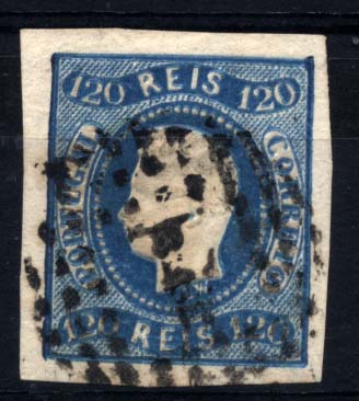 2630.jpg -     Lote:    2630      Lotes pelo Correio       Portugal       Descrição:         1866/67 &mdash; D. Luís I, fita curva. Não denteados. CE26, 120 reis azul, com margens normais. Valor de catálogo &euro; 124,00.        O       Valor Base:     &euro; 20,00     Valor Venda:     Retirado     