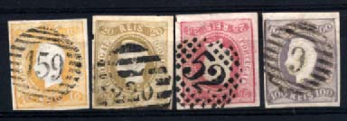 2633.jpg -     Lote:    2633      Lotes pelo Correio       Portugal       Descrição:         1866/67 &mdash; D. Luís I, fita curva, não denteados. CE20, 21, 22 e 25. A maior parte das margens curtas, mas com carimbos obliteradores muito bonitos. Valor de catálogo &euro; 546,70.        O       Valor Base:     &euro; 40,00     Valor Venda:     Retirado     