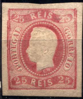 2634.jpg -     Lote:    2634      Lotes pelo Correio       Portugal       Descrição:         1866/70 &mdash; D. Luís I, fita curva. Não denteados, CE22, 25 reis carmim rosa, com margens normais. Valor de catálogo &euro; 397,00.        *       Valor Base:     &euro; 10,00     Valor Venda:     &euro; 10,00     