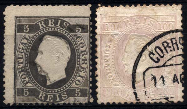 2637.jpg -     Lote:    2637      Lotes pelo Correio       Portugal       Descrição:         1870/76 &mdash; D. Luís I, fita direita. Lote de dois selos: CE36, 5 reis preto, denteado 13 &frac12; e CE43, 100 reis lilás, denteado 12 &frac12;, papel porcelana. Selos descentrados.         O       Valor Base:     &euro; 5,00     Valor Venda:     Retirado     