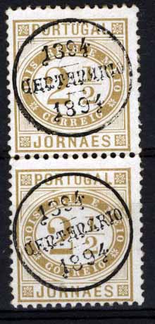 2648.jpg -     Lote:    2648      Lotes pelo Correio       Portugal       Descrição:         1876 &mdash; Jornaes. CE48, 2 &frac12; reis bistre, denteado 11 &frac12;, papel porcelana. Par vertical obliterado com carimbo do Centenário do Infante D. Henrique. Valor de catálogo &euro; 94,40.        O       Valor Base:     &euro; 10,00     Valor Venda:     Retirado     