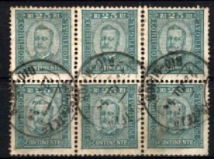 2665.jpg -     Lote:    2665      Lotes pelo Correio       Portugal       Descrição:         1892/93 &mdash; D. Carlos I tipo Diogo Neto. CE70, 25 reis verde, papel porcelana, denteado 11 &frac12;. Bloco de 6 selos obliterado com CCD de RIO-MAIOR.        O       Valor Base:     &euro; 8,00     Valor Venda:     Retirado     