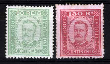 2667.jpg -     Lote:    2667      Lotes pelo Correio       Portugal       Descrição:         1892/93 &mdash; D. Carlos I, tipo Diogo Neto. CE76/77, 80 reis verde claro, denteado 12 &frac12;, papel porcelana; 150 reis carmim, denteado 12 &frac12;, papel porcelana (selo quase sem goma). Valor de catálogo &euro; 612,00.        **/*       Valor Base:     &euro; 60,00     Valor Venda:     Retirado     