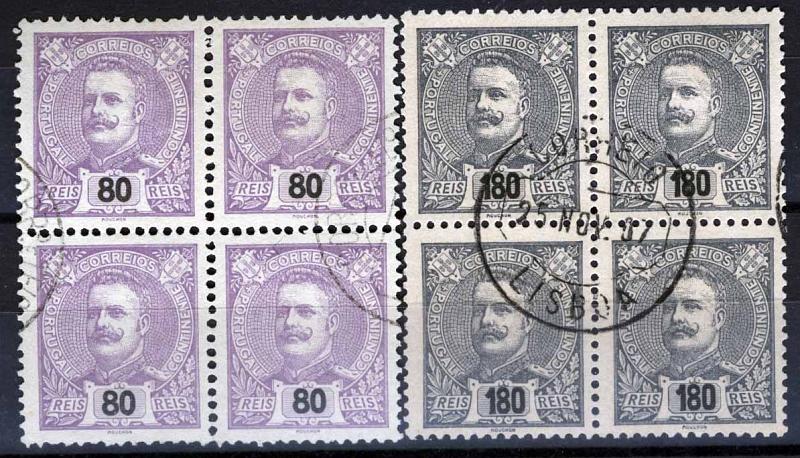 2675.jpg -     Lote:    2675      Lotes pelo Correio       Portugal       Descrição:         1898/1905 &mdash; D. Carlos I tipo Mouchon. Lote composto por duas quadras: uma de 80 reis lilás, CE134 e outra de 180 reis ardósia s/ rosa CE147. Valor de catálogo &euro; 71,40.        O       Valor Base:     &euro; 14,00     Valor Venda:     &euro; 14,00     